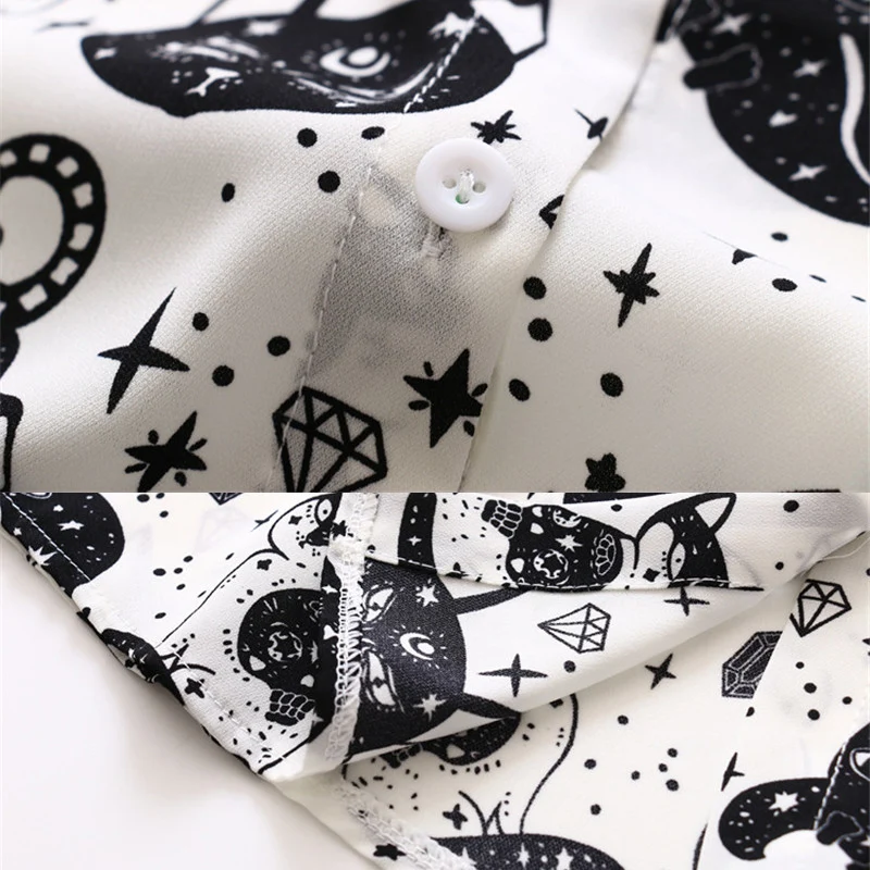 Cartoon Cat Pattern Women\'S Chiffon Shirt Fashion Woman Blouses 2021 Spring Autumn Long Sleeve Casual Girls\' Top Female Clothing