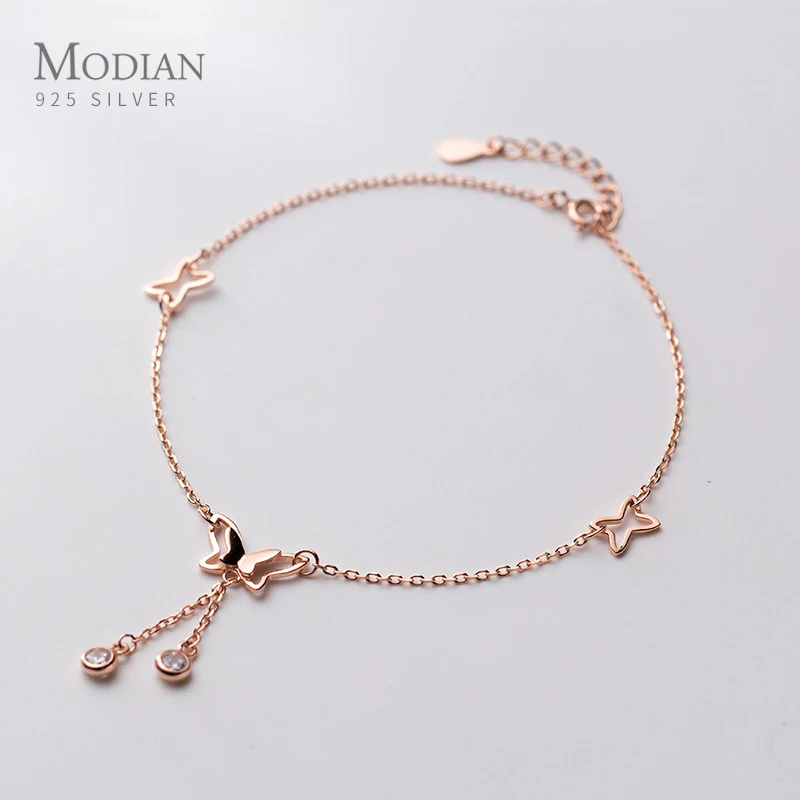 

Modian Radiant Zircon Cute Butterfly Tassel Luxury Anklet for Women 925 Sterling Silver Adjustable Anklet Insect Fine Jewelry