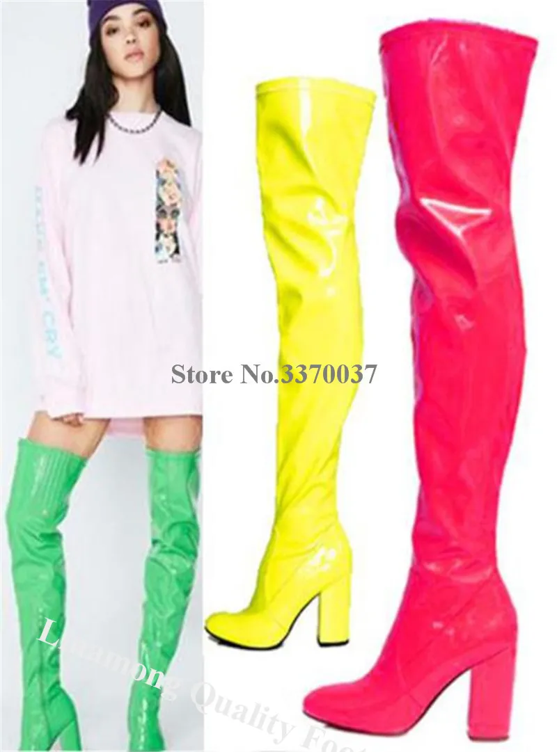 

Linamong Charming Patent Leather Chunky Heel Over Knee Boots Green Pink Red Shining Thigh High Long Thick Boots Dress Shoes