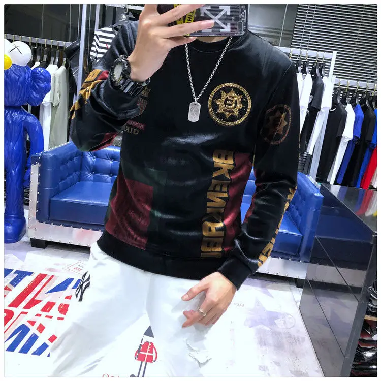 Fall/winter new tide brand Korean version of loose hot diamond printing gold velvet vests slim round neck bottoming shirt men