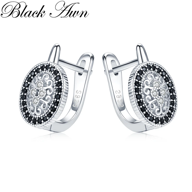 Black Awn Classic Silver Color Oval Black Trendy Spinel Engagement Hoop Earrings for Women Jewelry Bijoux I149