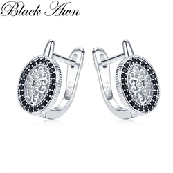 Black Awn Classic Silver Color Oval Black Trendy Spinel Engagement Hoop Earrings for Women Jewelry Bijoux I149