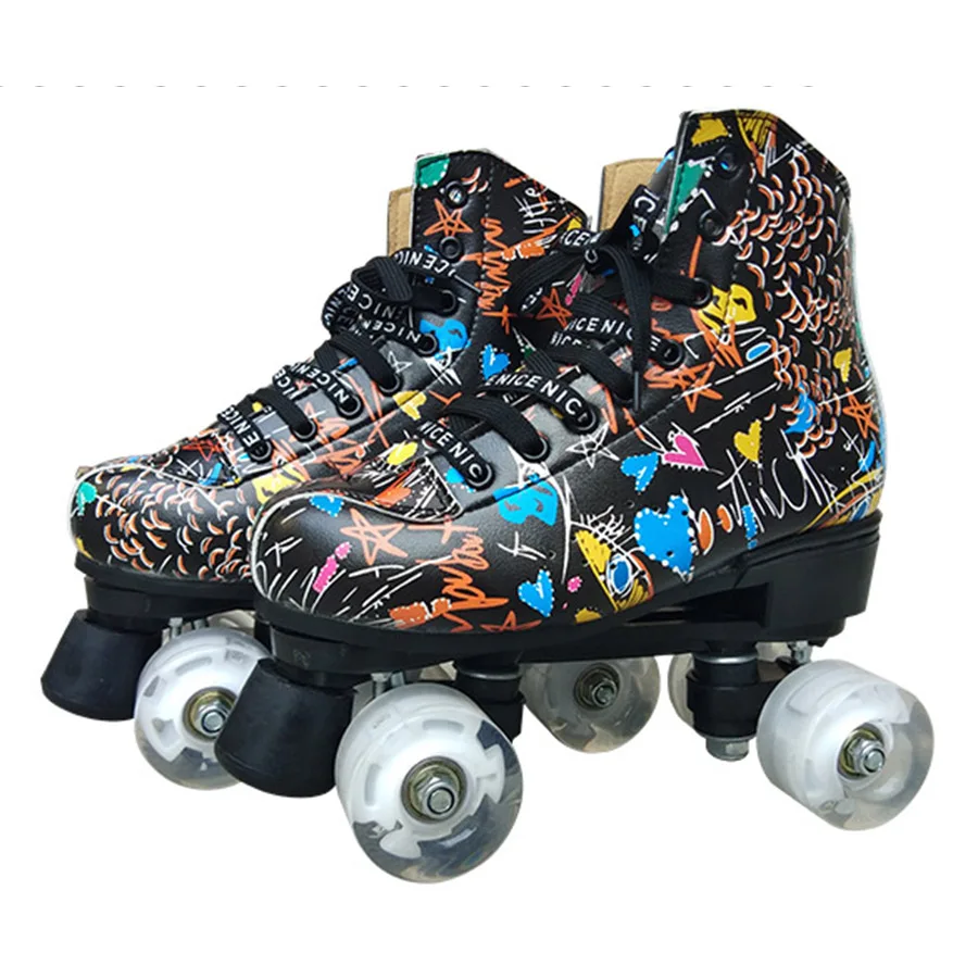 jk-スケート落書きマイクロファイバーローラースケートダブルスケート女性男性大人-2-ラインスケート靴-patines-白-pu-ホイール