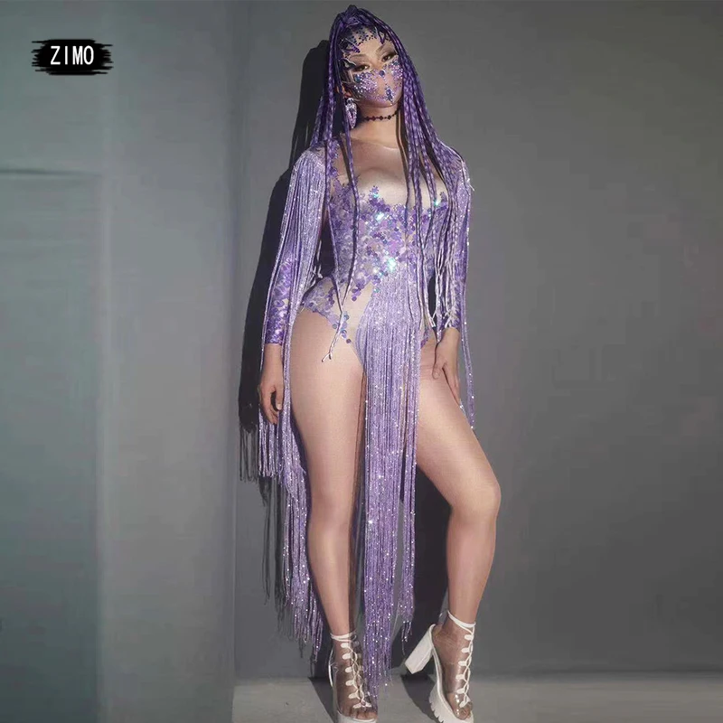 

Purple Bodysuit Women Rhinestone tassels sequin jumpsuit Singer birthday Party Leotard Stage Wear Latin Dance Costume drag queen