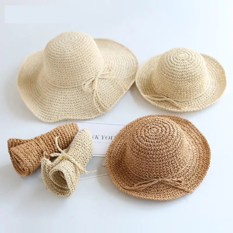 2023 New Girls Hand Made Sun Hat Kids Summer Raffia Straw Hat Big Brim Beach Cap Foldable Breathable Summer Parent-child Hat