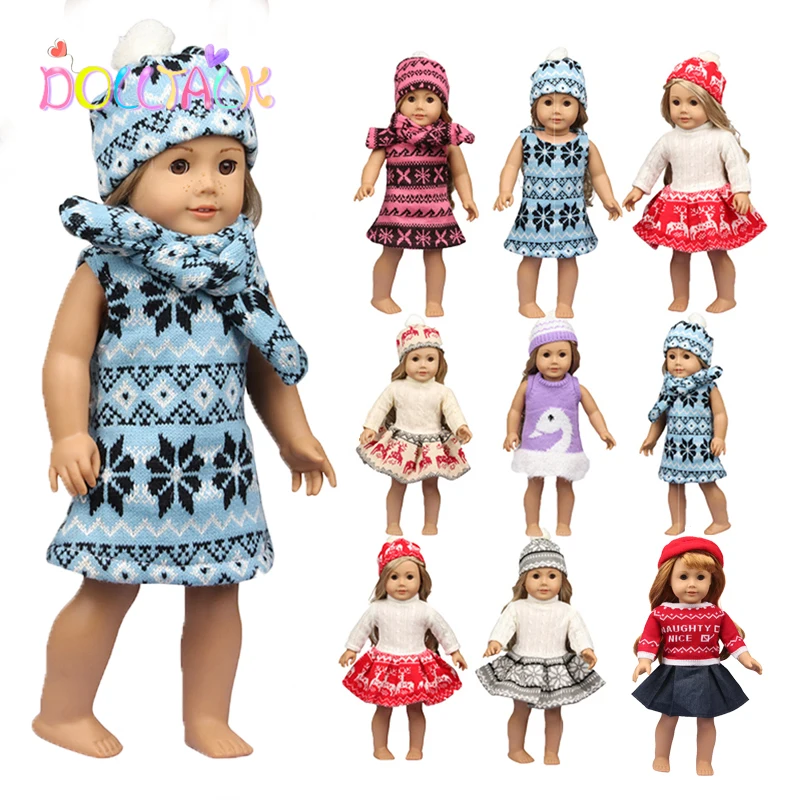 New Christmas Doll Clothes+Hat+Scarf Set Clothes For 18 Inch American Dolls Girl's Gift For Our Generation Reborn Dolls