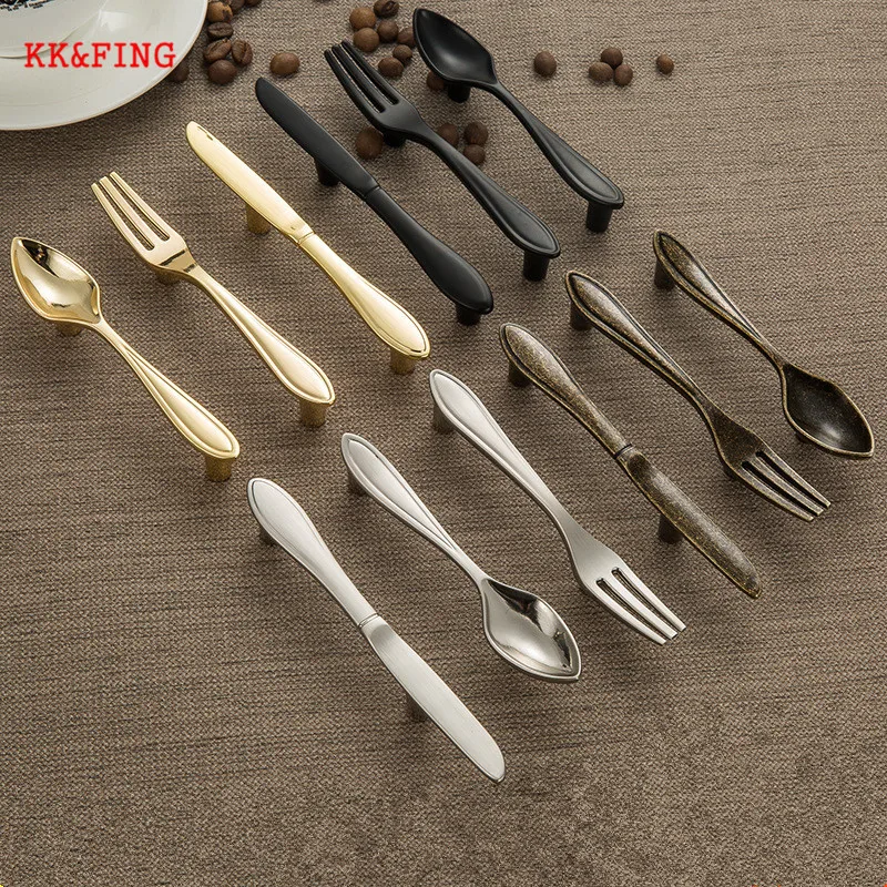 KK&FING Creative Knife Fork Spoon Design Zinc Alloy Kitchen Cabinet Handles Cupboard Drawer Knobs Furniture Handles Hardware