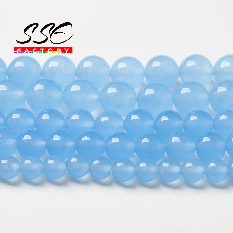 Natural Aquamarine Blue Jades Beads For Jewelry Making Round Loose Beads DIY Bracelet Necklace Accessories 4 6 8 10 12 14mm 15\'\'