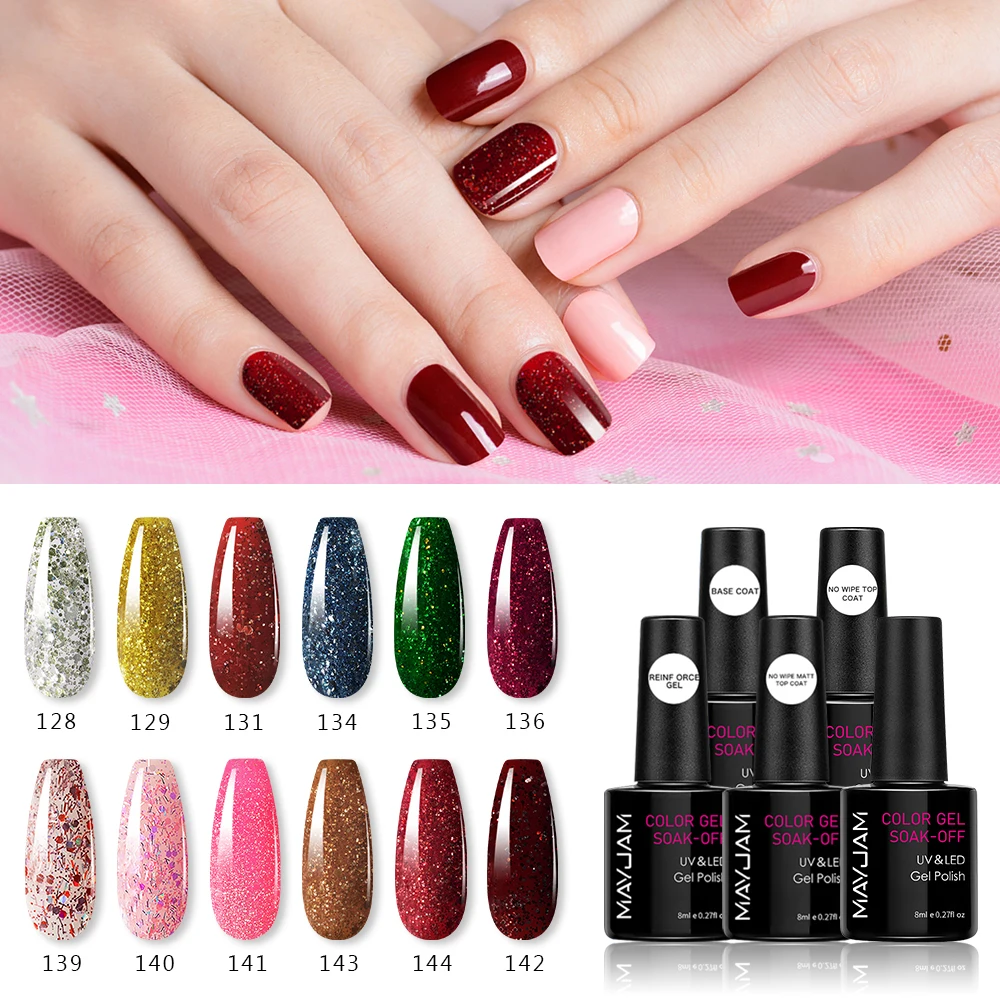 

8ml MAYJAM Glitter Nail Gel Polish 12pcs / Set Nail Color Glitter Sequins Matte Effect Gel Long Lasting Base Top Coat Nail Art