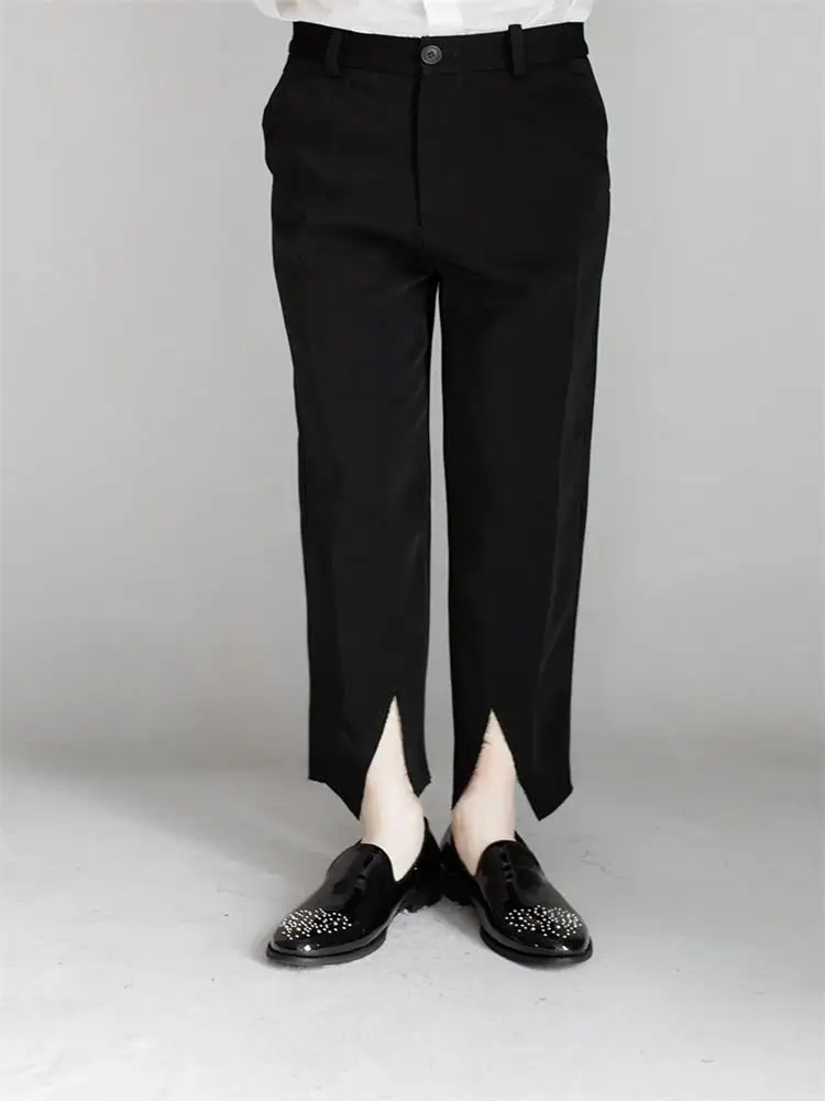 

Men's Casual Pants Slit Pants Straight Pants Spring And Autumn New Black Leg Personalized Slit Design Nine-Point Pants