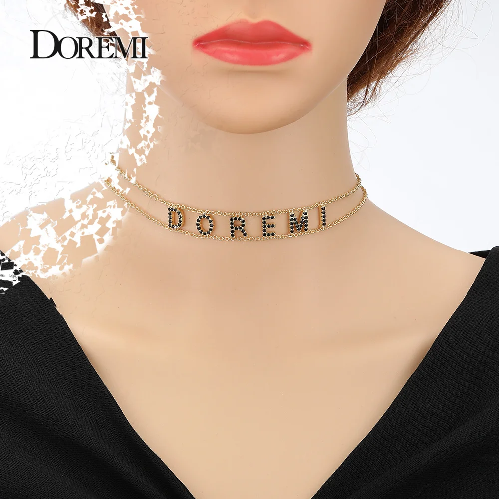 DOREMI 2 Rows Personalized Name Necklace with Zircon Choker Custom Crystal Name Necklaces 9mm Letters Custom Jewelry Gift