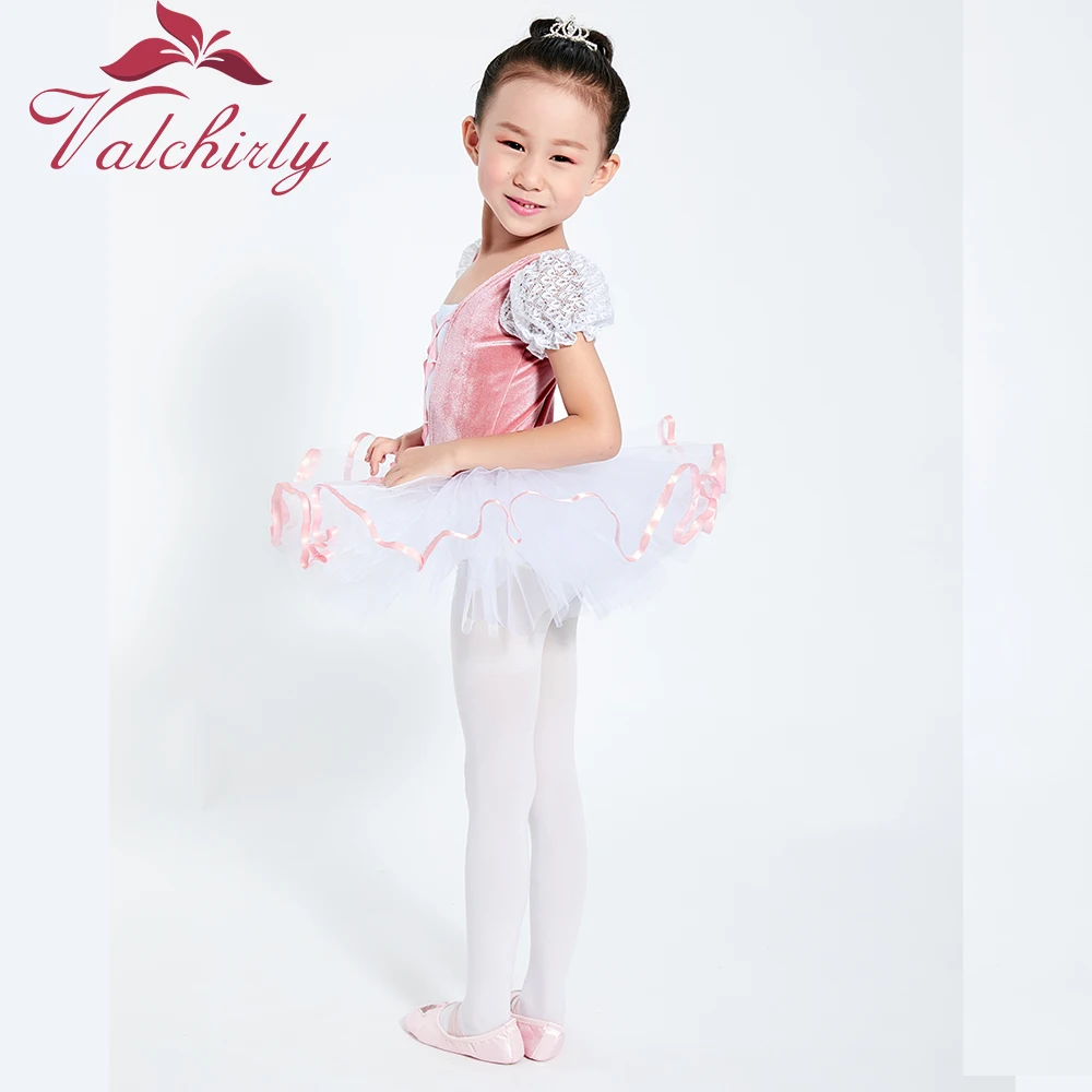 Girls  Ballet Tutu Dress Velvet Body Ribbon Mesh Skirt Short Puff Sleeves Kids Dance Gymnastics Leotard Costumes