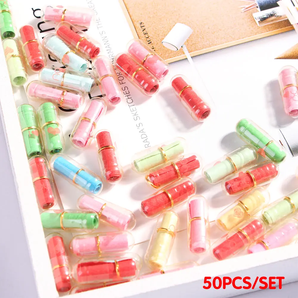 Cápsula de Mensagem Transparente Forma do Coração, Comprimidos Bonitos, Mini Rolo De Papel De Carta, Multi-Color, 50pcs