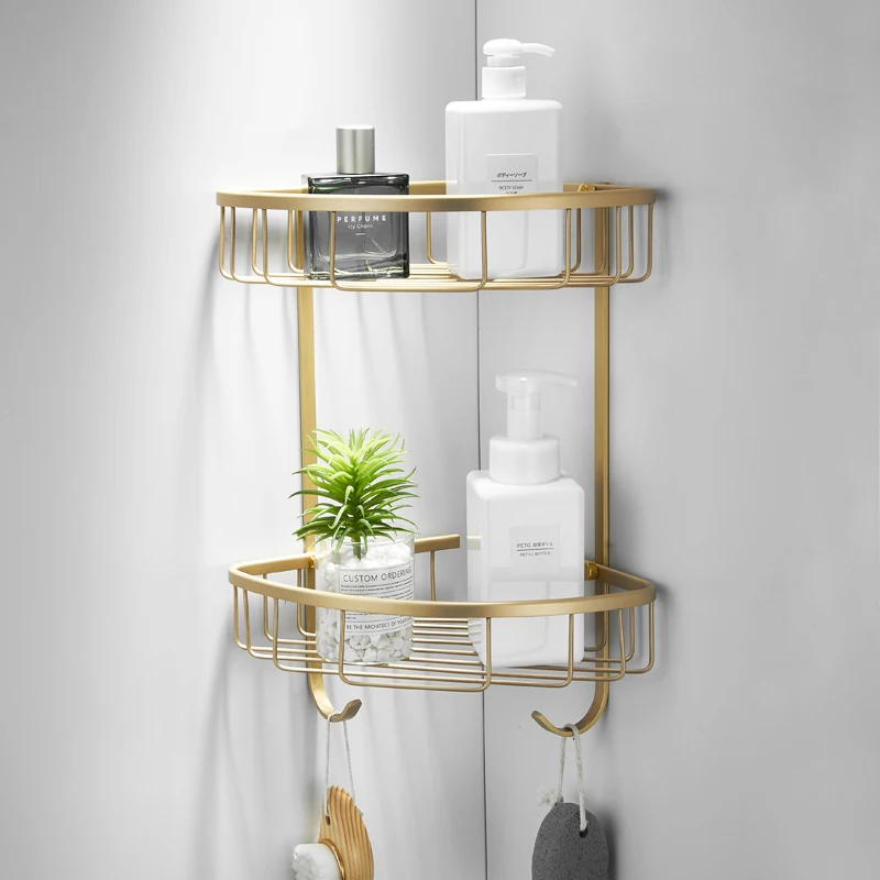 Brushed Gold Bathroom Rack Wall Mounted Shower Organizer Storage Rack Double Tier Corner Basket Bathroom Accessories