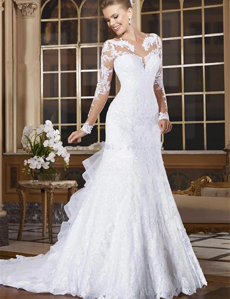 Sheer CỔ Ảo Ảnh Vestidos De Novia 2020 Ren Appliques Dài Tay Nàng Tiên Cá Váy Cưới Brasil Mariage Áo Cưới