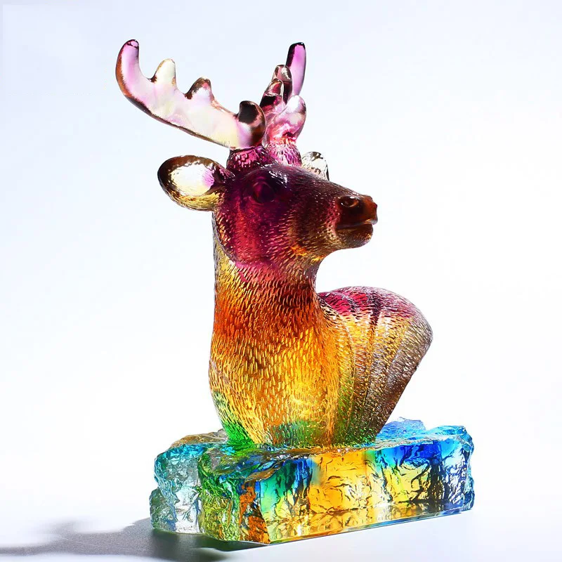 Beautiful Liuli Creative Lucky Deer Head Glass Ornaments Crystal Craft Home Furnishing for Decoration Office Desktop Figurines