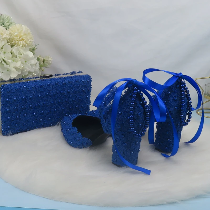 BaoYaFang Royal Blue Flower Strap Bridal wedding shoes Bride Pointed Toe Square Thick High Heel Party dress shoes and bag set