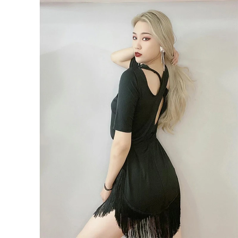 Women Latin Dance Dress Female Adult Slim Slimming Short-Sleeved Fringe Dress Practice Clothes Rumba Latin Dance Dress DN9103