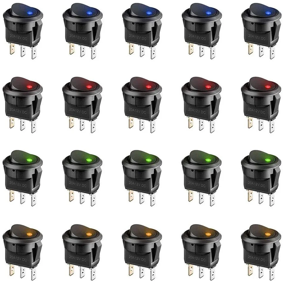 20Pcs 3 Pin 12V 20A Amps Auto Vrachtwagen Rocker Ronde Toggle Led Schakelaar Aan-uit Controle Blauw groen Geel Rood