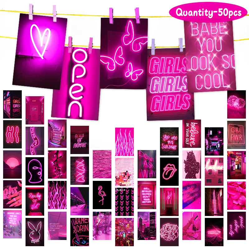 50Pcs Pink Neon Aesthetic Wall Collage Kit Room Bedroom Living Home Decoration Posters Warm Color Ornament Photo Gift for Adult