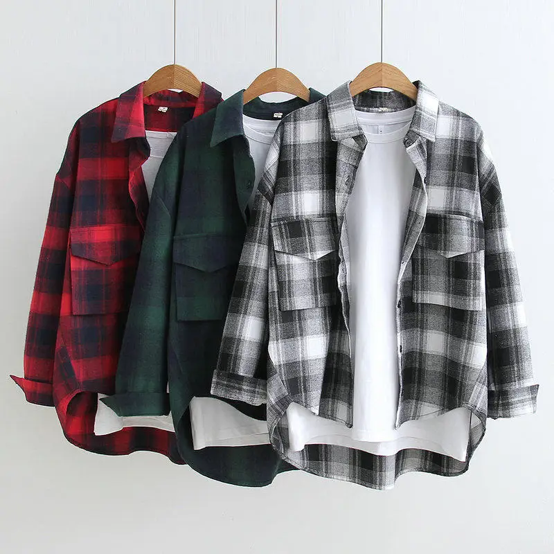 Camisa de manga larga a cuadros para mujer, blusa informal holgada de viento BF, alta calidad, primavera y otoño