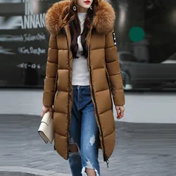 Women Autumn Winter Jacket Big Hair Collar Slim Waist Long Down Cotton Jacket Vintage Warm Coat Female Oversized long Parkas