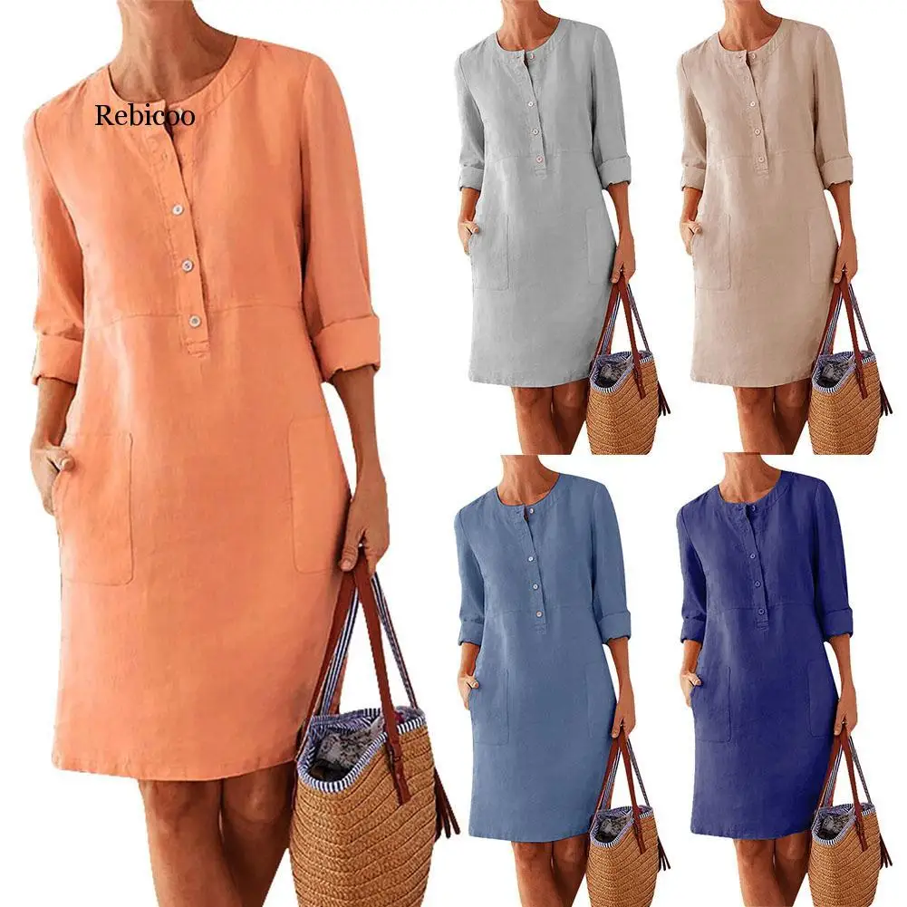 

Casual Solid Color Cotton Linen Women Long Sleeve Tunic Kaftan Dress length vestidos summer dresses causal clothing