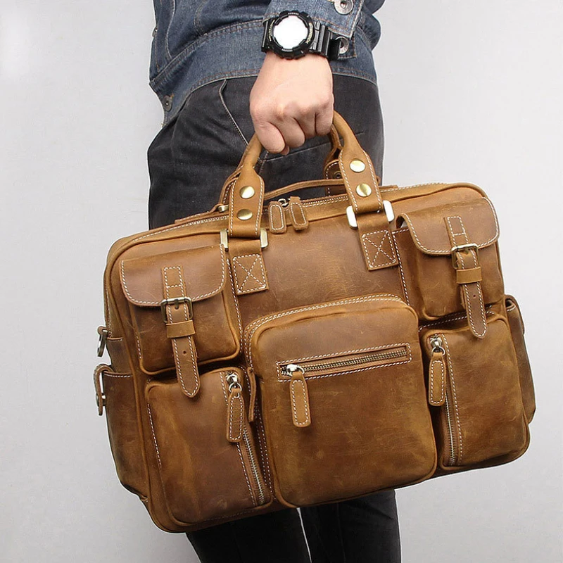 Luufan-Grand étui à bombes en cuir pour homme, sac pour ordinateur portable marron, sac de voyage lancé, étui à bombes, fourre-tout de travail,