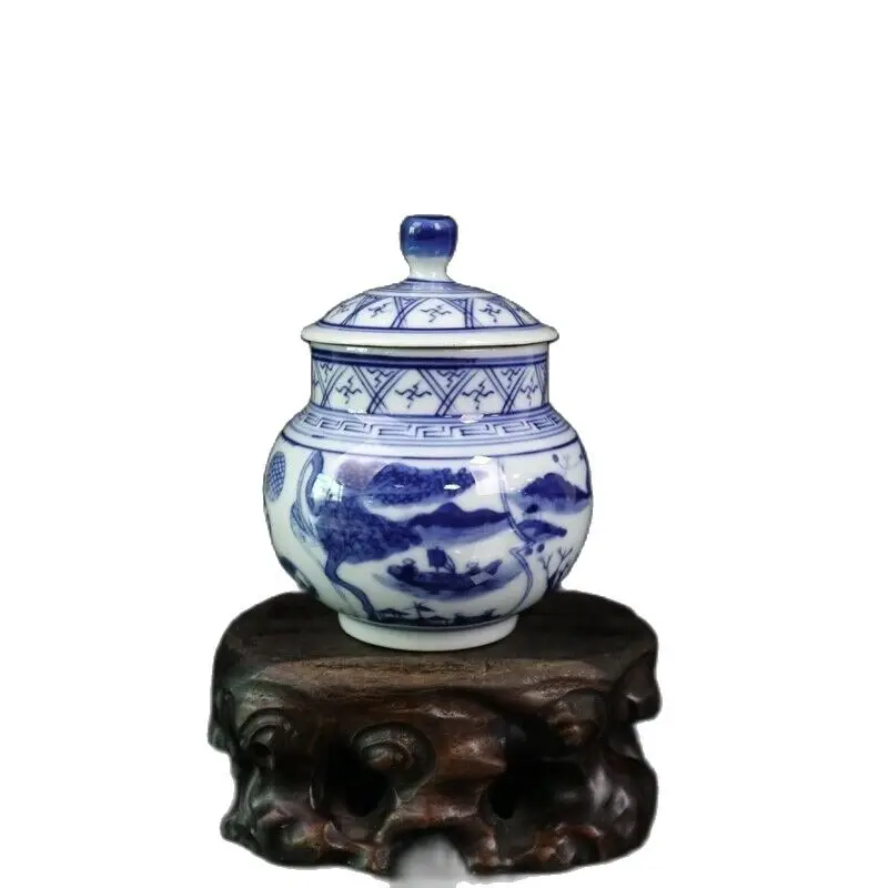 Chinese Old Porcelain Blue And White Landscape Water Pattern Lid jar Receiving Tank