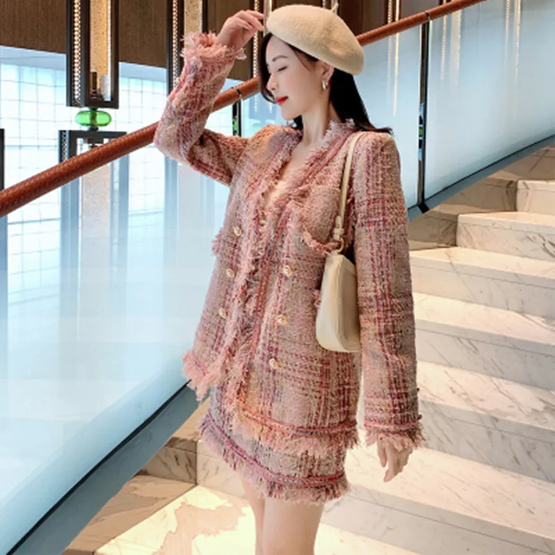 2021 Thu Đông Đường Băng Tweed Phù Hợp Với Nữ Đôi Áo Khoác Áo Khoác + Cao Cấp Tua Rua Mini Nữ 2 Bộ