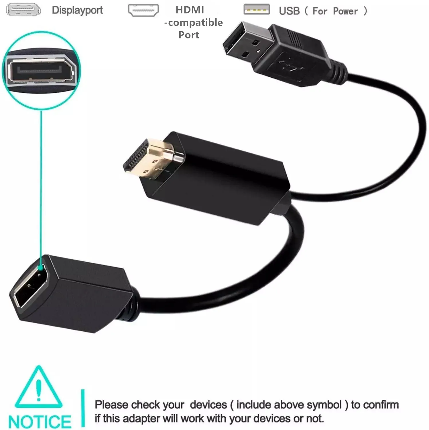 HDMI-compatible to DisplayPort Converter Adapter Male to Female Extensions 4K Cable 3840x2160 with USB 2.0 Power for laptop PC