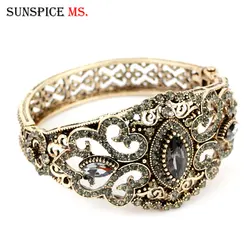 Sunspicems Gray Crystal Cuff Bracelet Bangle Jewelry Turkish Women Ethnic Wedding Banquet Gift Antique Gold Color Wholesale 2020