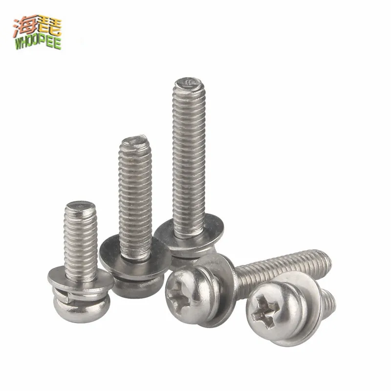 M1.6 M2 M2.5 M3 M4 M5 M6 M8 304 Chữ Thập Bằng Thép Không Gỉ Tròn Phillips Chảo Đầu SEM Vít Dẹp Máy Giặt mùa Xuân Gioăng Lắp Ráp Bu Lông