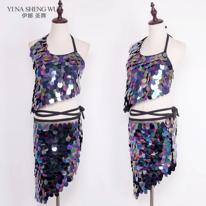 Women Belly Dance Costume Top Short Hip Scarf Lady Mermaid Sequined Bellydance Hip Scarf Wrap Belt Sequin Fish Scale Dancewear