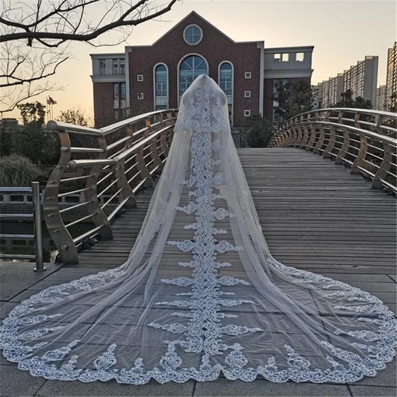 

Real Photos Two Layers Bridal Wedding Veil Full Sequins Lace Edge Cathedral Long Accessories White Ivory Tulle Veils with Comb