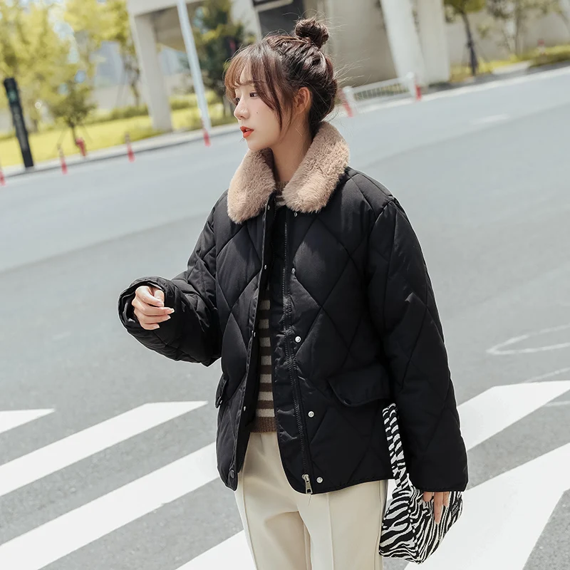 New winter coat women's coat women's warmth fashion big fur collar coat short thick parka coat Korean loose diamond check coat