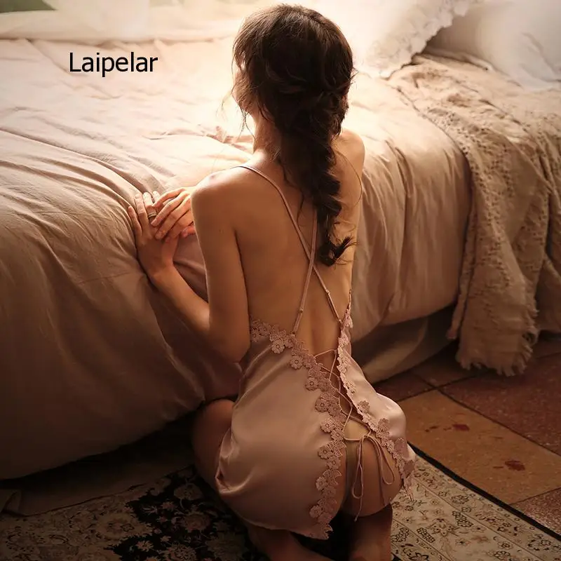Night Sleep Dress Women Underwear Lingerie Sling Lace Embroidery Sexy Nightdress Silk Cross Strap Halter Nightgown 2021
