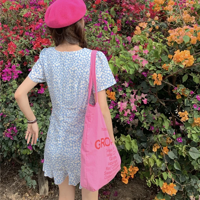 Vintage Tender Short Sleeve Dress Women Slim V-neck Elegant Retro Floral Printed All-match Daily Female Korean Chic Vestidos OL