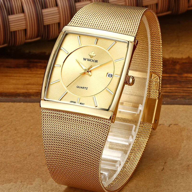 WWOOR Brand Luxury Gold Ultra Thin Quartz Watches For Men Fashion Square Mens Watch Steel Mesh Band Waterproof Date Wrist Watch