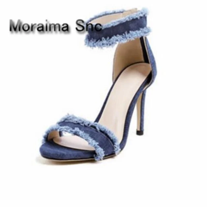 

Moraima Snc Blue denim sandals punk fringe 8.5 cm high heels sandals shoes high quality sandalen dames 2018 summer shoes women