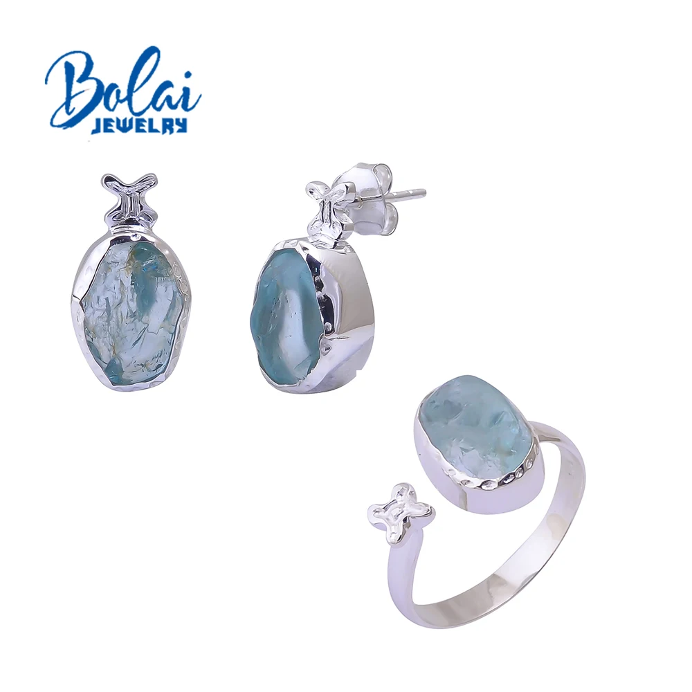 Handmade Jewelry set with natural brazil aquamarine gemstone rough earring ring unique special design for women jewelry