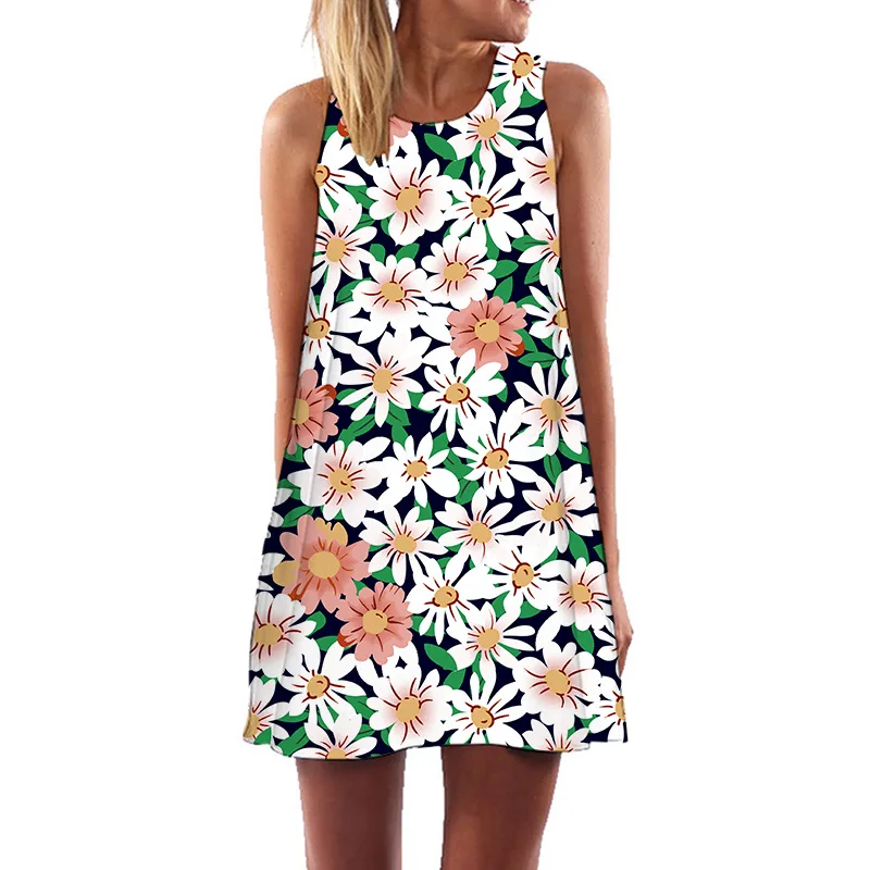 Vestido corto de verano con estampado Digital 3D para mujer, minivestido holgado informal con cuello redondo y hombros descubiertos, para playa y vacaciones