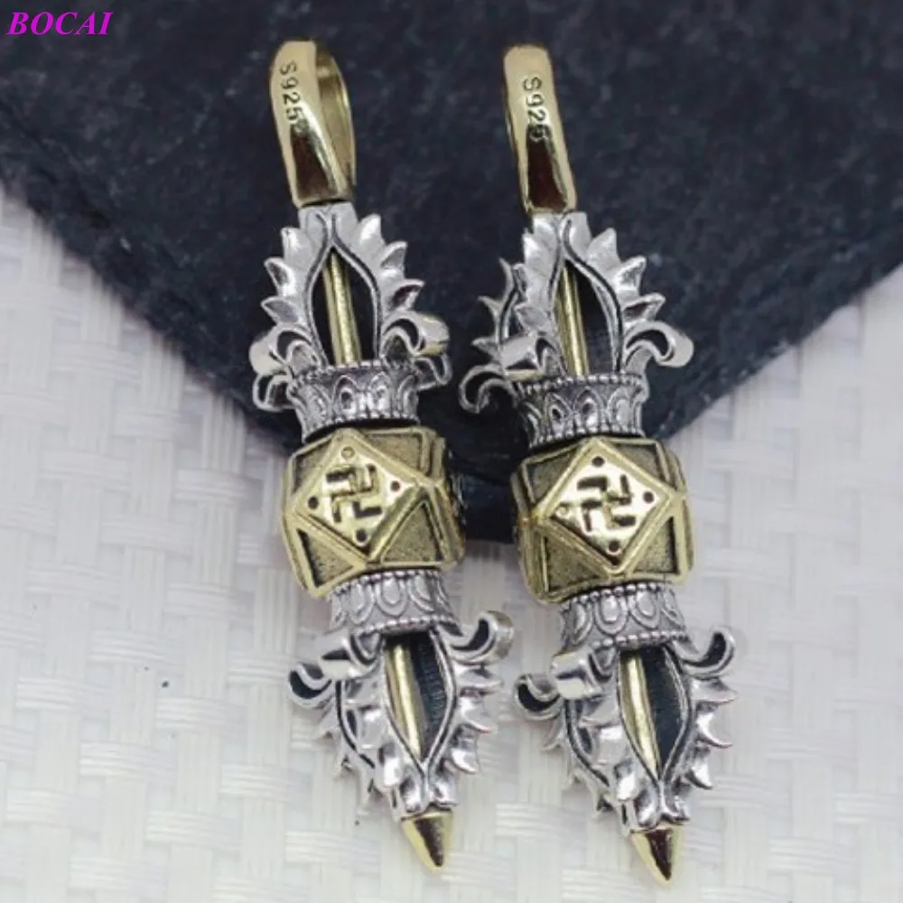 BOCAI S925 Sterling Silver Pendants for Women Men Tibetan Buddhist Five Cobalt Vajra Pestle Amulet Jewelry image 3