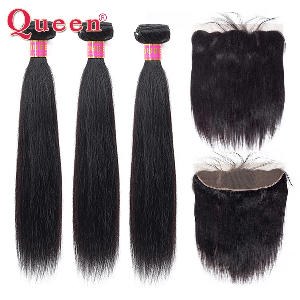 

Straight Human Hair Bundles With Frontal Natural Color 3 Bundles With Frontal Peruvian Hair Weave With Baby Hair QUEEN For Women