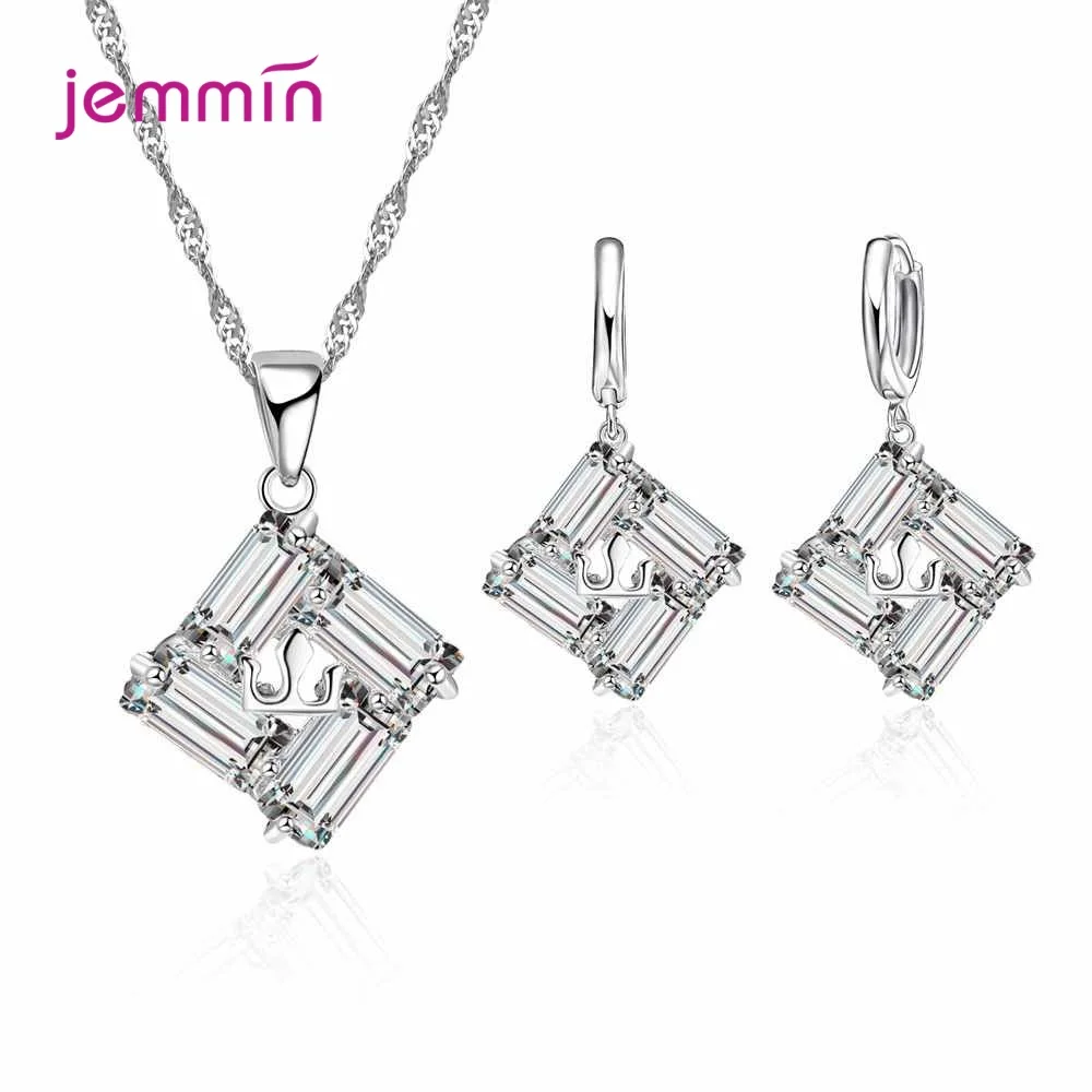 New 925 Sterling Silver Trendy Crystal Pendant Necklace Earrings Jewelry Set For Women Anniversary Gift Fashion Jewelry