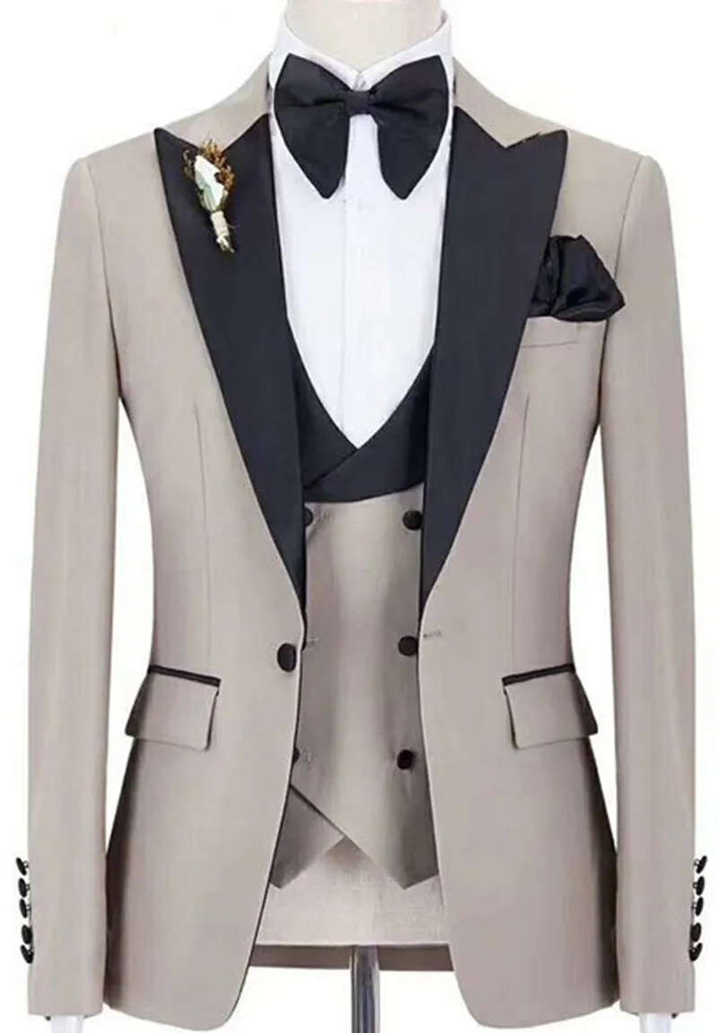 Padrinhos bege noivo smoking pico preto lapela masculino ternos de casamento 3 pçs blazer (jaqueta + calças + colete) traje sur mesure homme