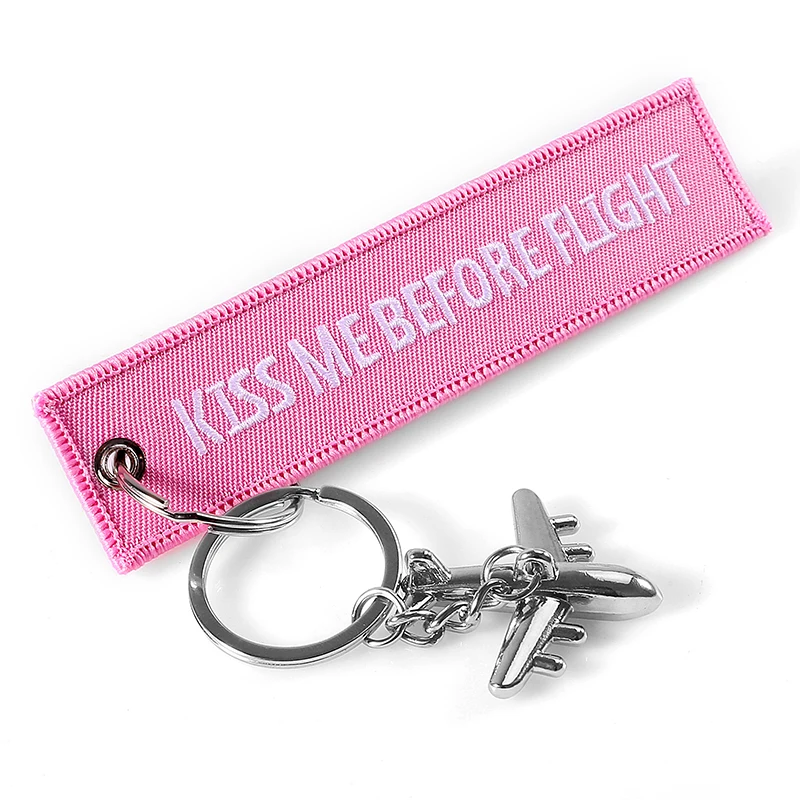 Pink Kiss Me Before Flight Key Chain Label Embroidery Keychain with Metal Plane Key Chain for Aviation Gifts Car Keychains