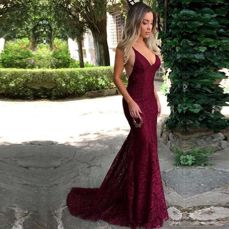 wei yin AE0374 Elegant Spaghetti straps Deep V Neck Burgundy Evening Dress Mermaid Backless Lace Ladie Long Evening Party Dress