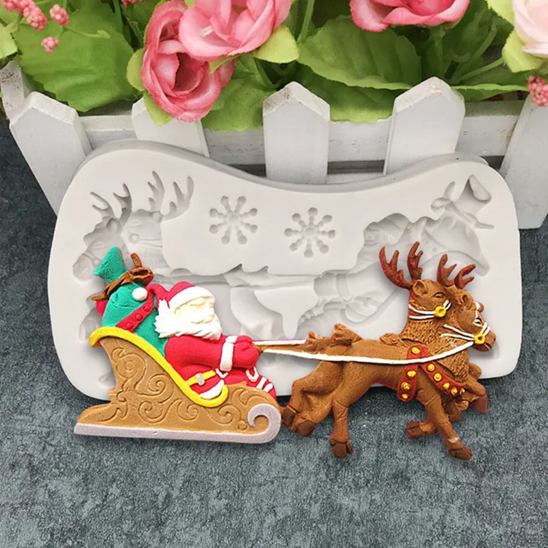 Christmas Deer Sleigh Silicone Mold Snowflake Shape Fondant Resin DIY Cake DDecorating Lace Tools Sugar Paste Candy Moulds