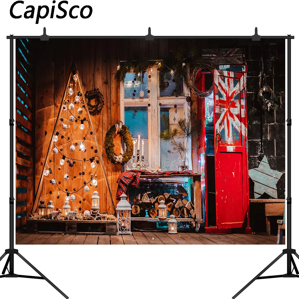 Capisco Christmas Photography Background Vintage Wooden Wall light bulb window tree Winter Backdrop Decor Photo Studio props